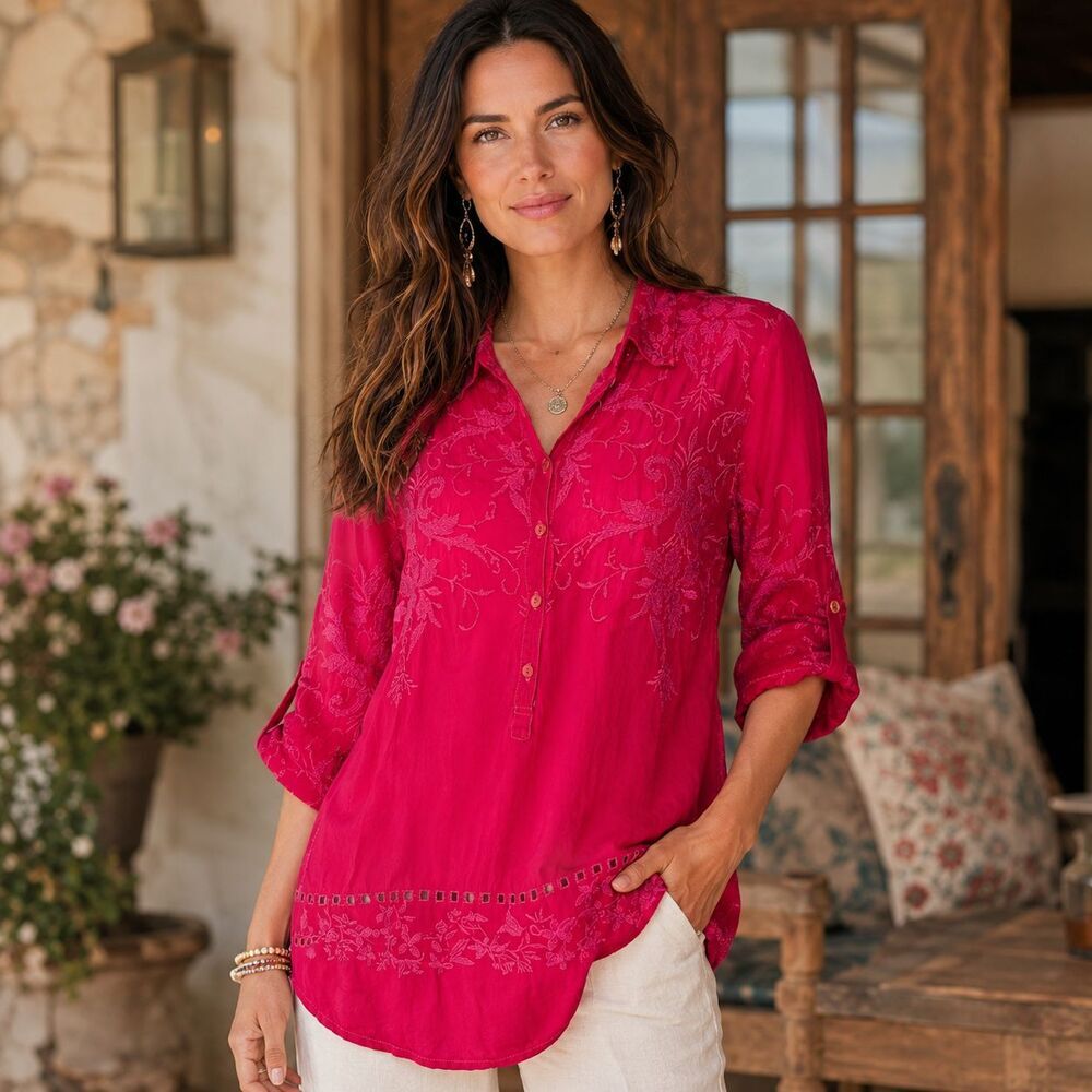 Johnny Was Cupra Rayon Embroidered Boho Tunic Blouse Fuchsia Pink Small